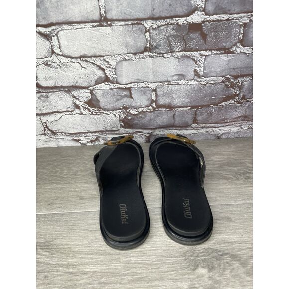 OluKai La'i Slide Black Leather Leopard Beach Sandals Women Sz 8M US/38EU - Picture 9 of 16